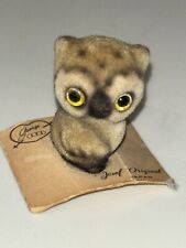Vintage Josef Originals Small Flocked Owl Figurine Brown Yellow Eyes 60s 70s picture