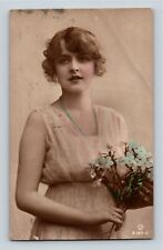 Miss Constance Worth Hand Painted British Beauty RPPC 1917 Blue Flowers picture