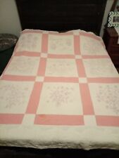 1930s Hand Stitched Embroidered Flower Quilt Pink Antique Vtg Twin 1934 TLC picture