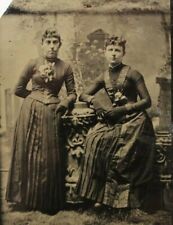 C1880/90s Tintype 2 Beautiful Women W Fancy Victorian Dress Corset & Gloves  PT9 picture