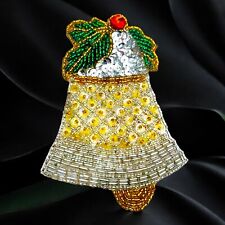 Vintage Sewing Sequin & Beaded Christmas Bell Applique - Gold & Green Holiday picture