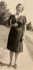 1930s Woman Lady Holding Purse Sidewalk Street Fashion Original Old Photo P11x21 picture