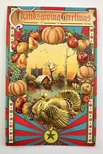 Thanksgiving Greetings Postcard Raised Turkey Medallion Autumn Harvest FF220 picture