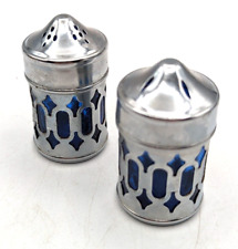 Vintage Small Cobalt Blue Glass Salt Pepper Shakers Filigree Silver Plate 2'' picture
