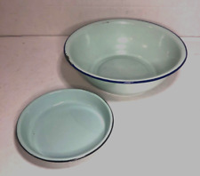2 Enamelware Pieces Bowl and Small Dish Aqua Blue Vintage Metal Rustic Farmhouse picture