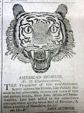 1810 newspaper w a large early FP illustrated CIRCUS AD featuring a fierce TIGER picture
