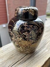 TOYO Japan Ginger Jar Urn Lidded Vase Black w Flowers Floral Vintage Dragonfly picture
