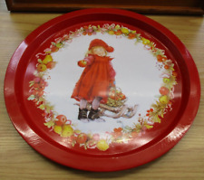 Vtg Round Metal Tray Lisi Girl Apple Sled Pictura Sweden Xmas Fall Scandinavia picture
