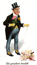 Man In Top Hat Wishes You Happy Birthday w/ Flowers Drops Gift Bottle Postcard picture