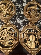 Vintage Homco Set of 4 Gold  Wall Hanging Plaque Musical Instruments. picture
