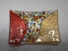 Fused Art Glass Trinket Jewelry Dish Candle Holder Confetti & Abstract Figures picture