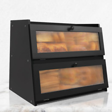 Black Bread Box with Pre-Installed Magnetic Door, Double Layer Bamboo Bread Box picture