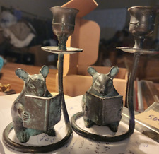Pair of Mouse Reading Book Cast Metal Candle Holders Patina Green Verdis Finish picture