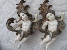 PAIR EXQUISITE Old Vintage French WALL SCONCEs Cast Iron Metal CHERUBS ANGELS picture