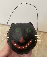 Vintage Halloween Mini Paper Mache Black Cat Head Whiskers Small Ornament Papier picture