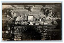 c1910 Absaroka Lodge Interior Fireplace Taxidermy Cody WY RPPC Photo Postcard picture
