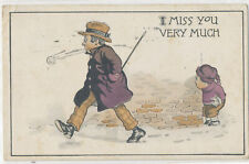 MISS You Very Much Postcard 1916 - BOY TOSSING SNOWBALL Man with Cane & Hat picture