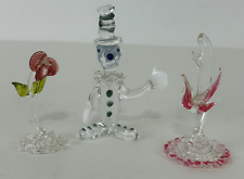 ❤️ 3 Vintage Miniature Hand Blown Art Glass Figurines Clown-Flower-Hanging Bird picture