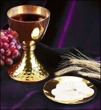 Church Service Ceremony Brass Hammer Finish Base Chalice with Casted Node Paten picture