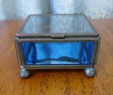 Vintage Tinted Blue Glass &  Brass & Mirror Etched Bird & Flower Trinket Box picture