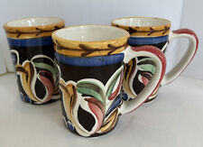 Set of 3 Vicki Carroll Handcrafted Brown Multicolor Mugs Signed 2000 picture