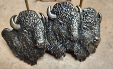 Rare ARNOLD GOLDSTEIN 3D SILVER BELT BUCKLE Triple Buffalo Bison HEAD picture
