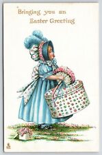 Easter~Elegant Victorian Girl in Blue~Feather Bonnet~Big Hat Box & Bouquet~TUCK picture