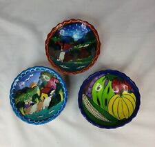 3 Vintage Talavera Mexican pottery footed bowls pastoral scenes bright colors picture