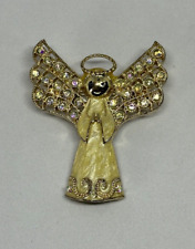 Vintage Signed Monet Angel Brooch Enameled Gold Tone Aurora Borealis AB Crystals picture