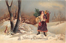 1907 Purple Robe Santa with Tree & Bag of Toys Merry Christmas post card picture
