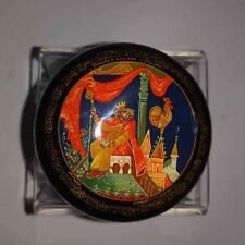 Vintage Russian black lacquer hand painted round trinket box. picture