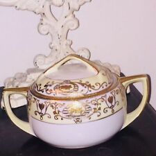 Ornate Porcelain Sugar Bowl Lid Gold White Hand Painted Antique Noritake 16034 M picture