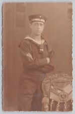 WWI German Sailor RPPC Studio Portrait w Imperial Flag Pillow Kiel Postcard V* picture