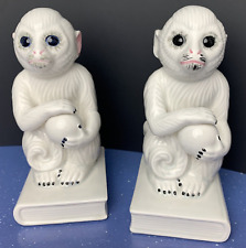 Vintage & Rare White Mann Capuchin Monkey Bookends 1 w/Pink Ears Japan picture