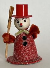 Vintage Snowman Spun Cotton Head  Red Holding Broom picture