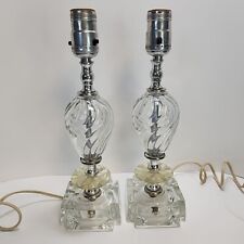 VTG Pair Of Fancy Clear Glass Lamps Boudoir Bedroom 12” Swirl Globe Square Base  picture
