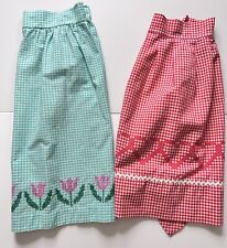 Vintage Gingham Half Aprons Red Aqua Embroidered Tulips Hearts Lot 2 picture