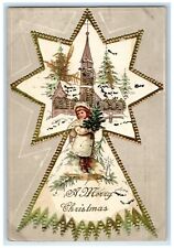 c1910's Christmas House Church Girl Hold To Light HTL Embossed Antique Postcard picture