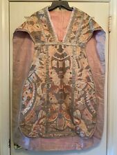 Antique French Fiddleback Chasuble, Silk Brocade Priest Vestment Garment, 19thC picture