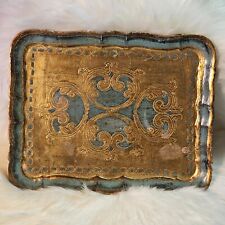Vintage Rectangular Turquoise and Gold Florentine Wooden Tray; 14.5”x 11.5” picture