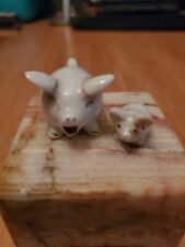 Vintage Miniature Porcelain Pig and Piglet White with Gold Trim Japan picture