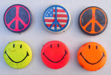 6 SMILEY FACE PEACE SIGN SYMBOL - 1 1/4 PINBACK BUTTONS VINTAGE 1970s BRIGHT CLR picture