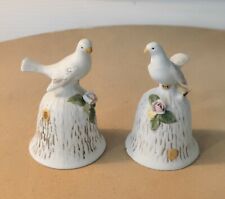 Vintage Pair - Flambro White Dove W/ Flower Porcelain Bell 4 1/2