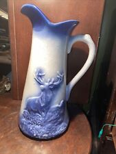 Vintage Cobalt Stag Style Ceramic 12” Pitcher  Buck Deer Blue White Decorative picture