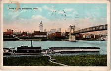 Postcard Vintage 1919 River Front Barges Bridges Cincinnati, Ohio picture