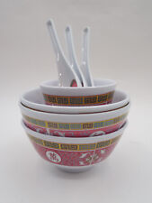 Lot of 7 Melamine Restaurant Ware Red Longevity Asian Rice Bowls Spoons Japanese picture