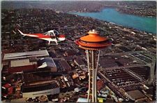 c1960s SEATTLE Wash. Postcard Helicopter Flying Over SPACE NEEDLE / Plastichrome picture