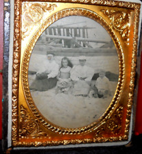 Rare 1/6th Size outdoor Tintype of family at seashore in half case picture