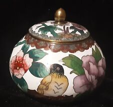 Vintage Cloisonne Enamel Brass Round Trinket Box/Jar w/Butterfly & Bird picture
