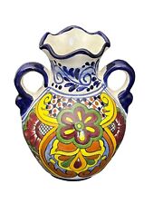 Vtg Mexican Floral Art Talavera Pottery Hand Painted Vase Double Handles 8.25” picture